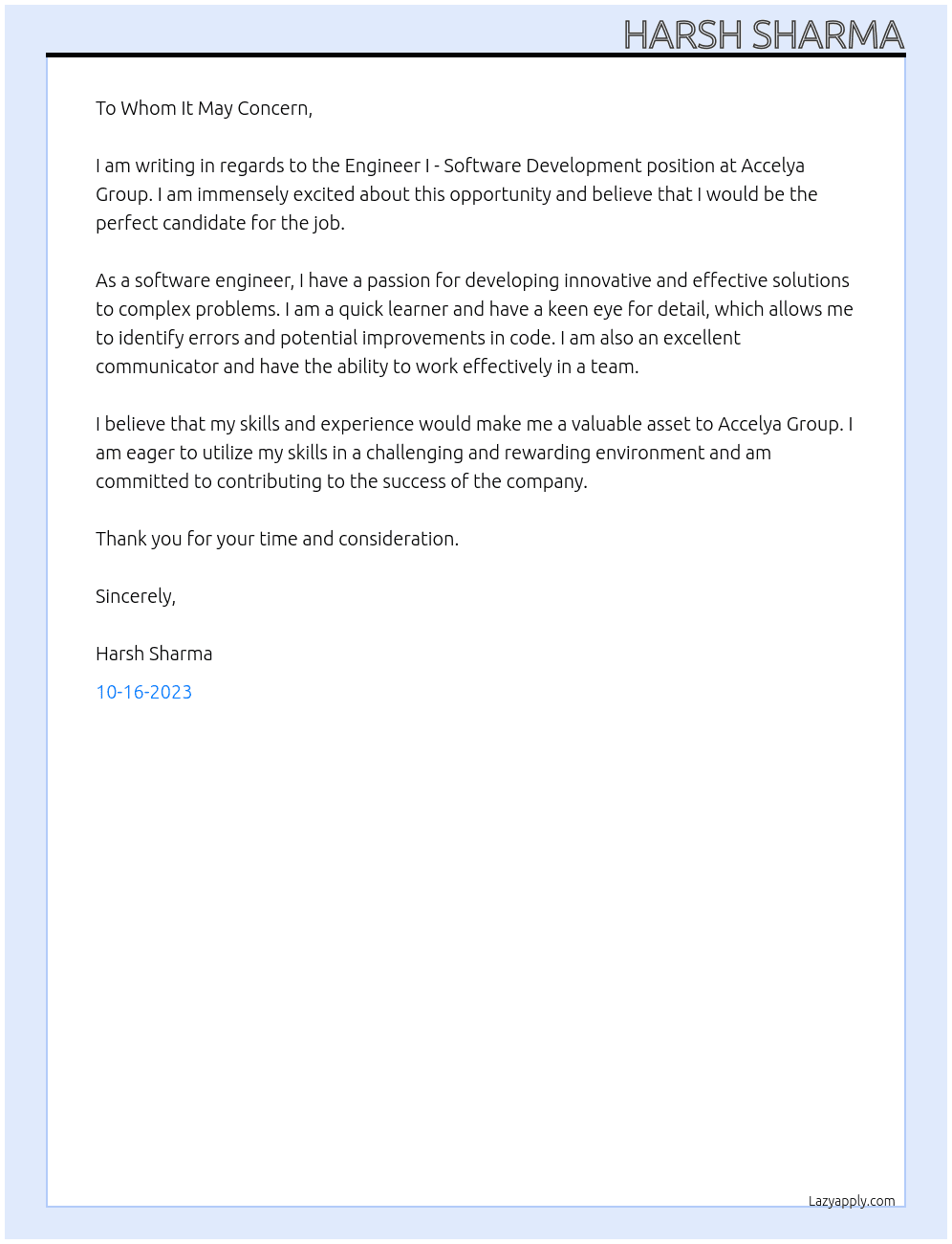 Engineer I - Software Development At Accelya Group Cover Letter