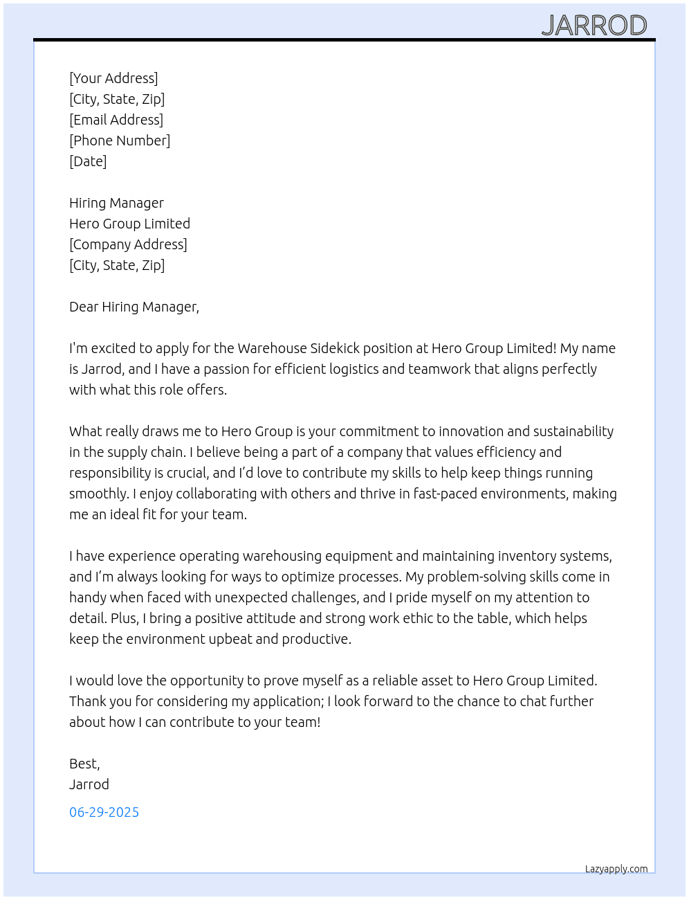 Warehouse sidekick  At Hero group limited  Cover Letter