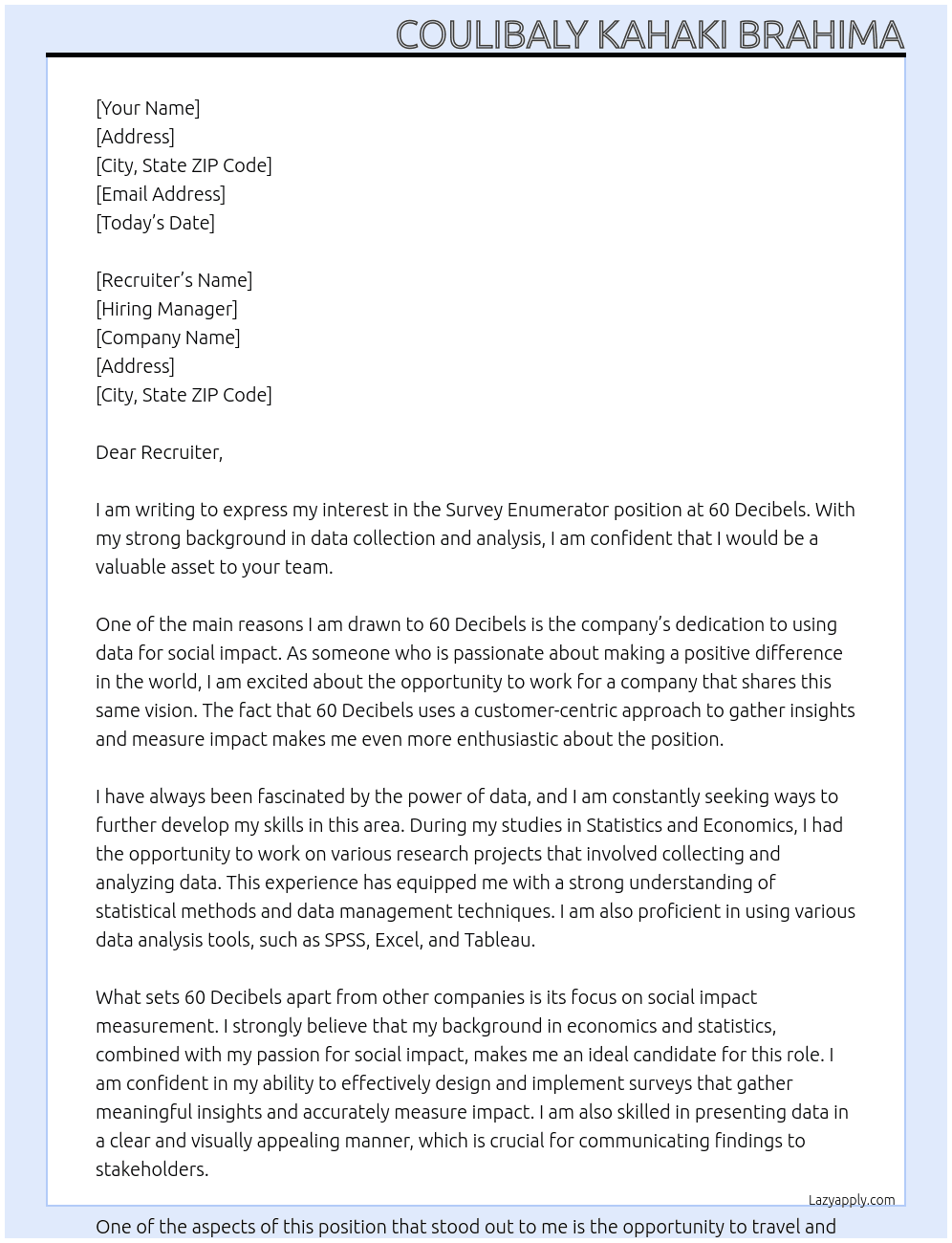 Survey Enumerator At 60 Decibels Cover Letter