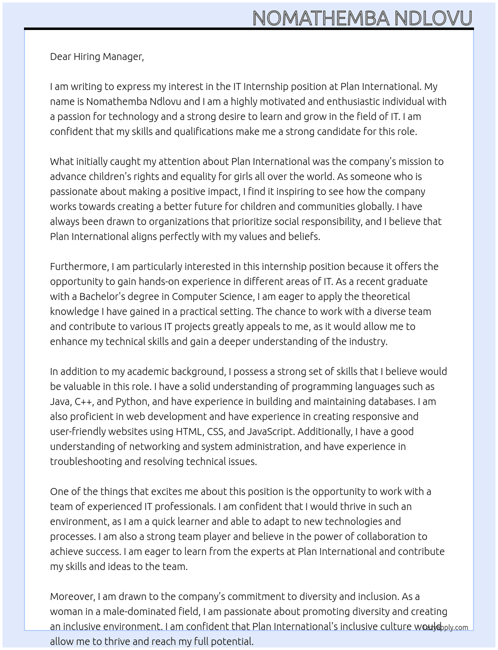IT Internship  At Plan International  Cover Letter