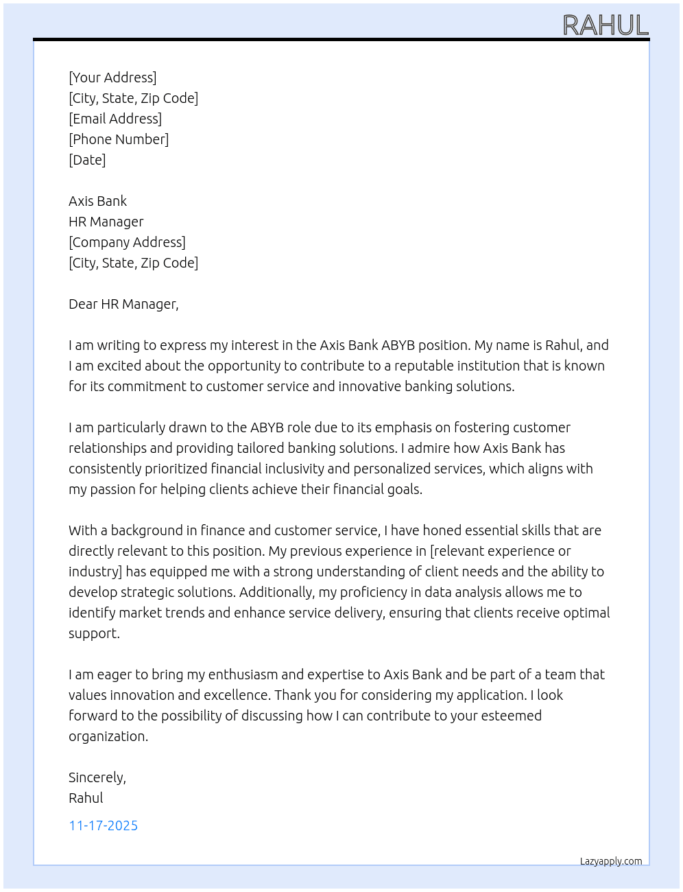Axis Bank ABYB At Axis Bank  Cover Letter