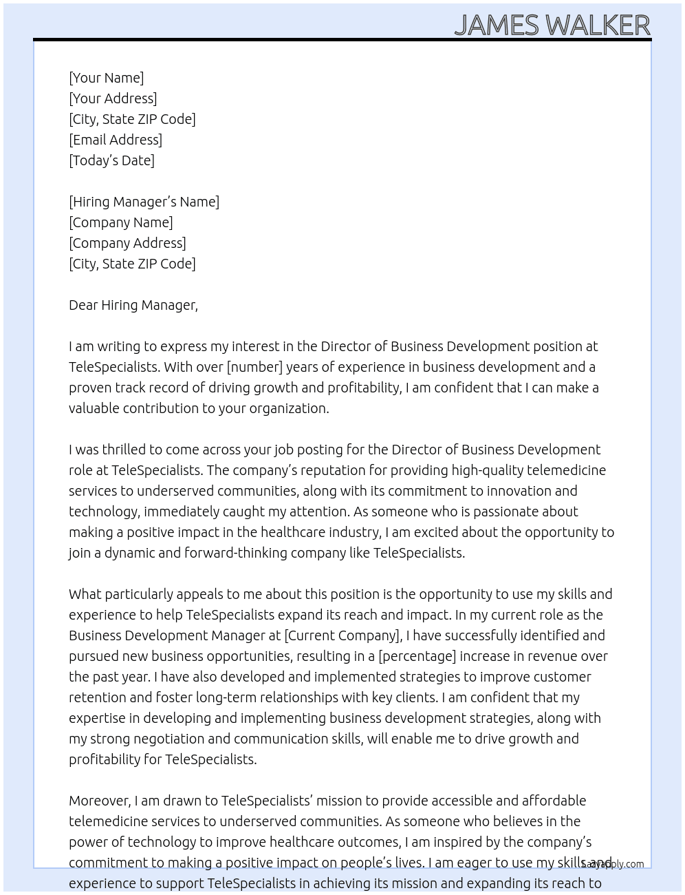 Director of Business Development At TeleSpecialists Cover Letter