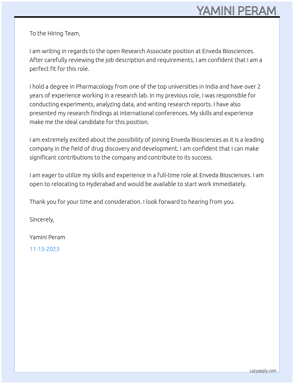 Research Associate  At Enveda biosciences  Cover Letter