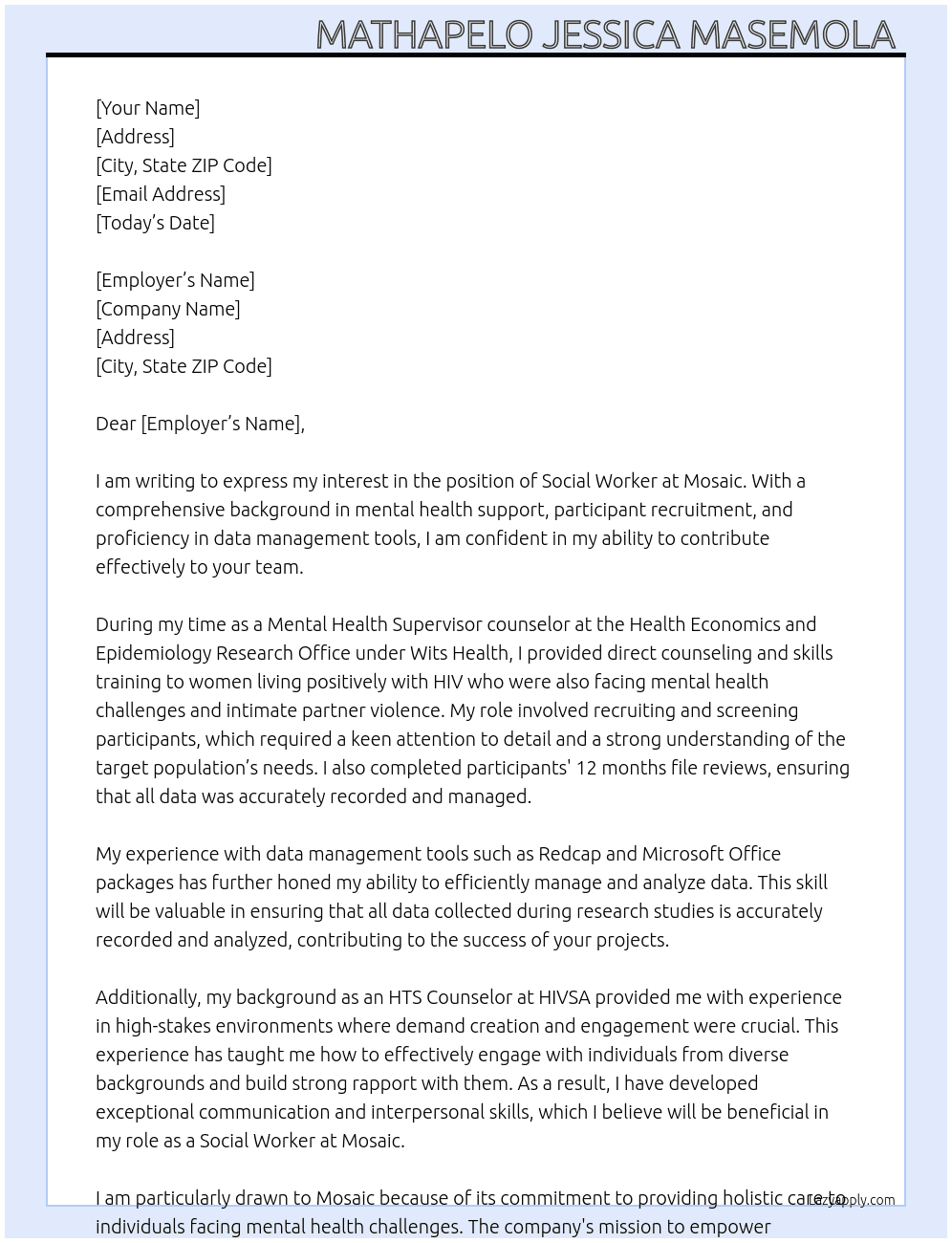 SOCIAL WORKER  At Mosaic  Cover Letter