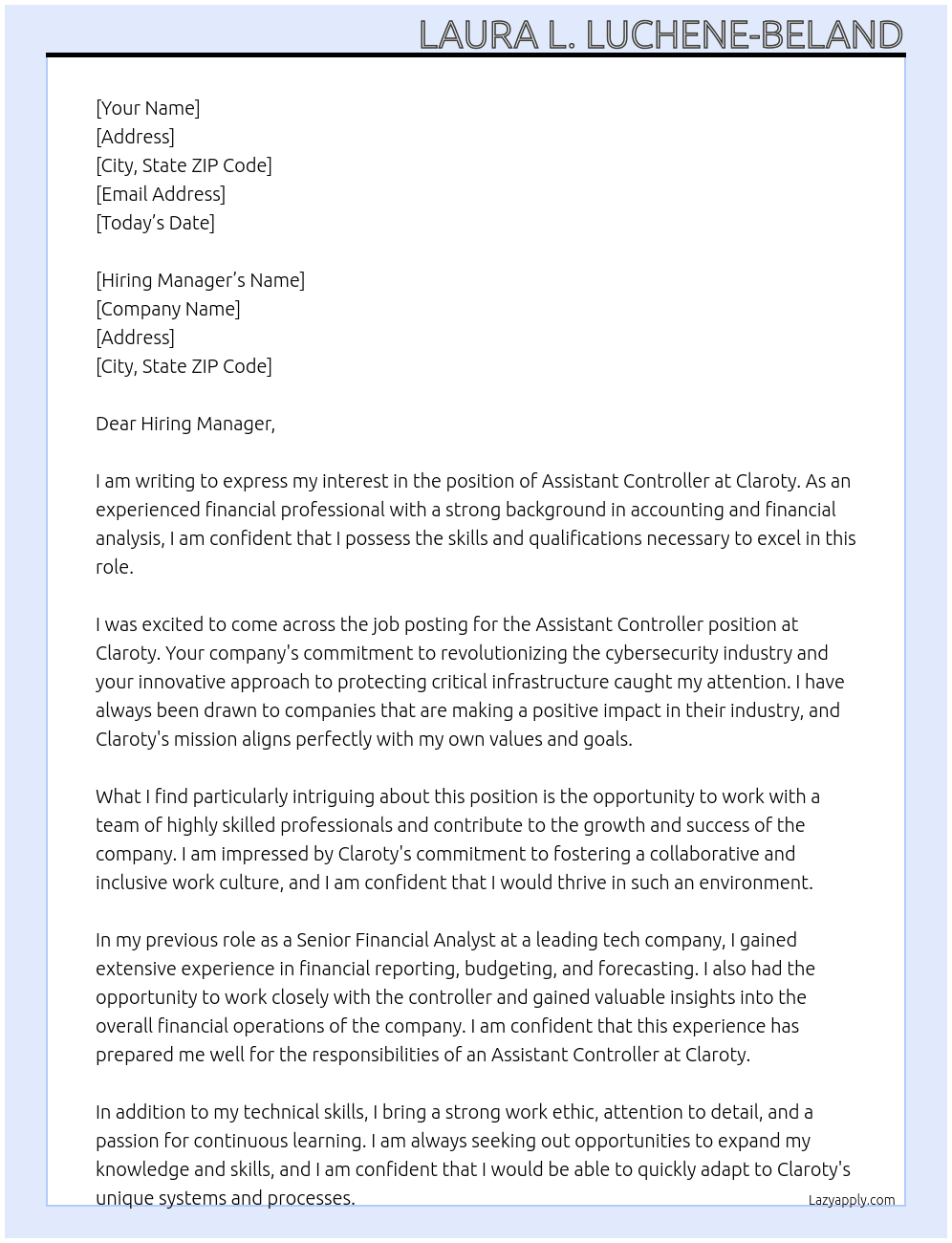 Assistant Controller At Claroty Cover Letter
