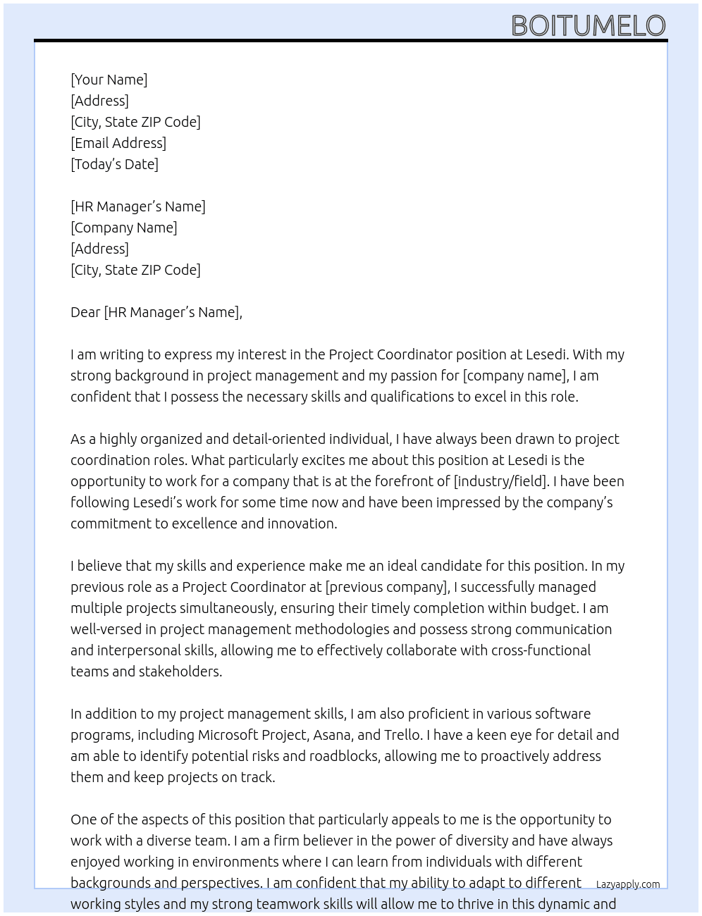 PROJECT COORDINATOR  At LESEDI Cover Letter