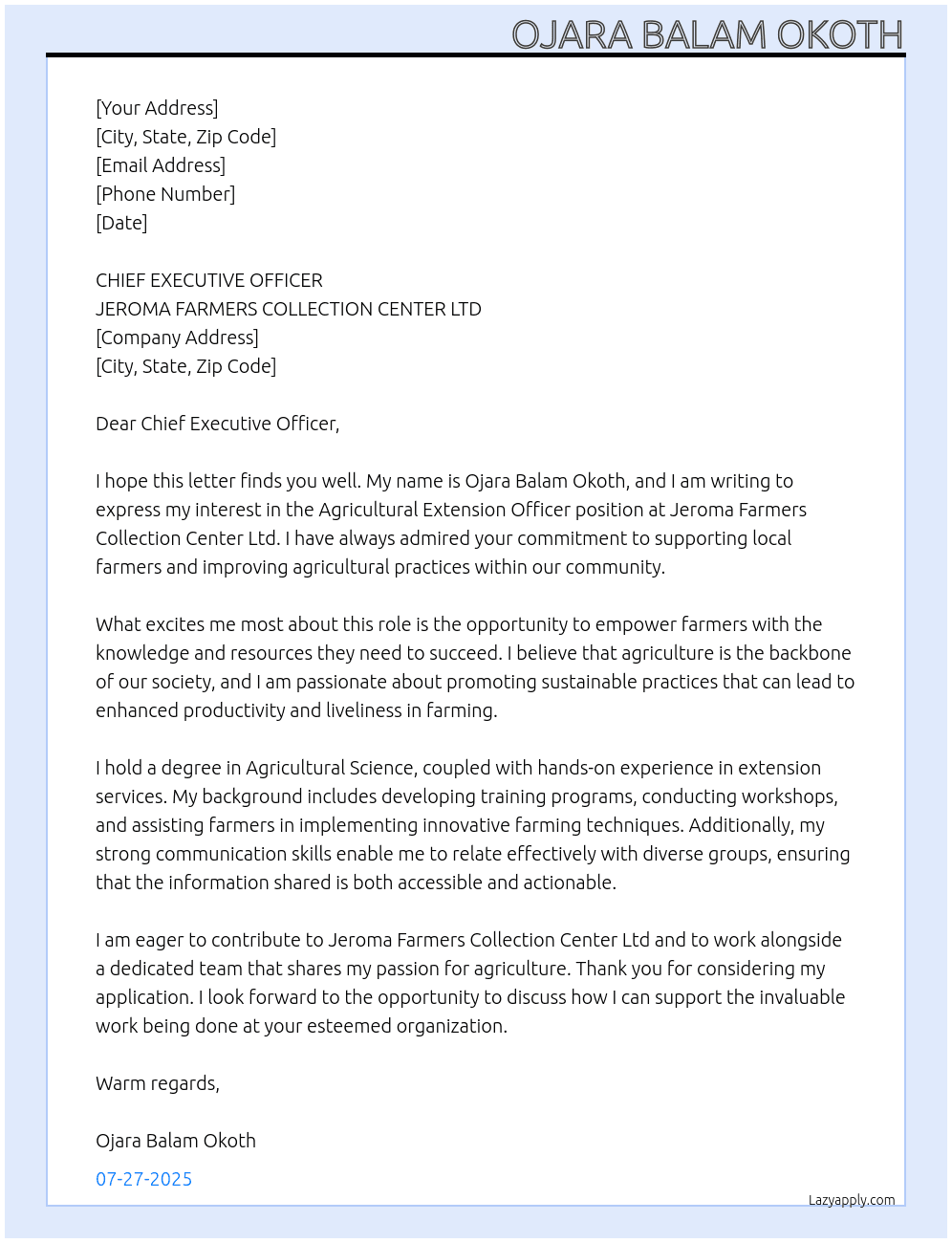 AGRICULTURAL EXTENSION OFFICER At JEROMA FARMERS COLLECTION CENTER LTD Cover Letter