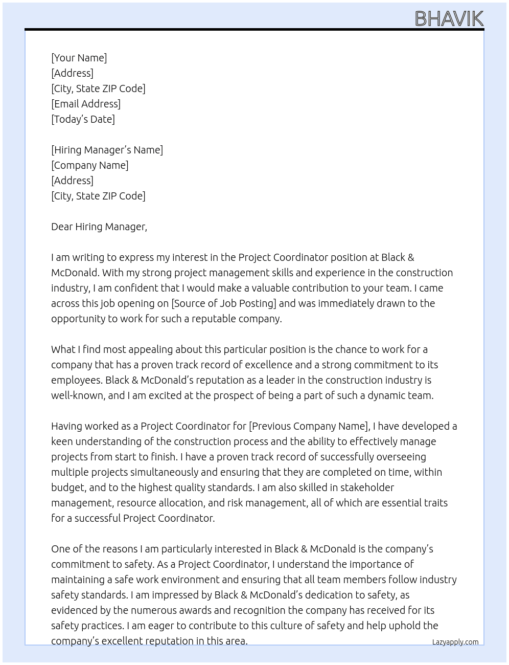 project cordinater At Black & McDonald Cover Letter