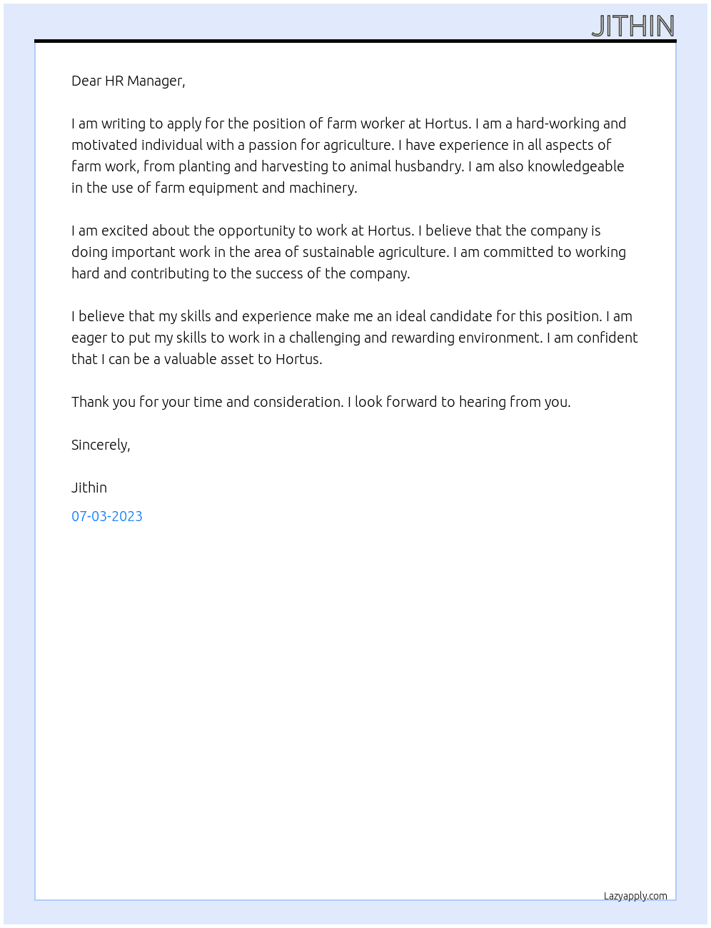 farm worker At hortus Cover Letter