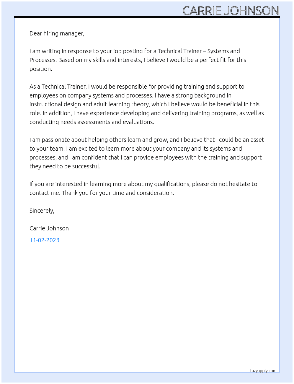 Technical Trainer – Systems and Processes  At Progeny Cover Letter