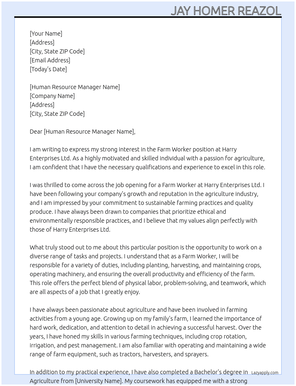 Farm Worker At Harry Enterprises Ltd. Cover Letter