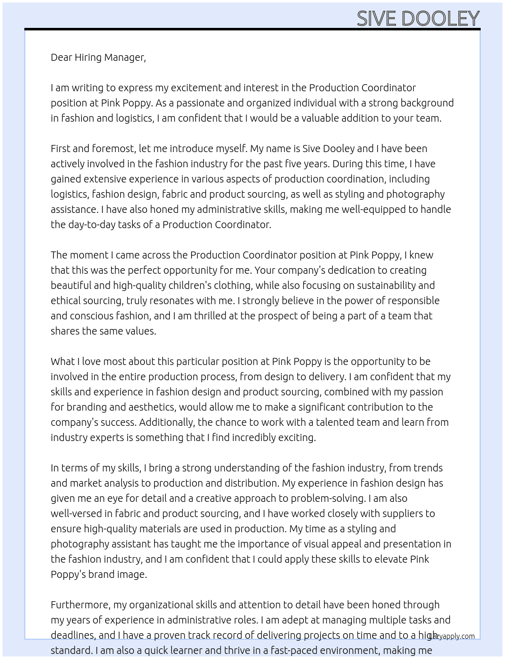 Production Coordinator At Pink Poppy Cover Letter