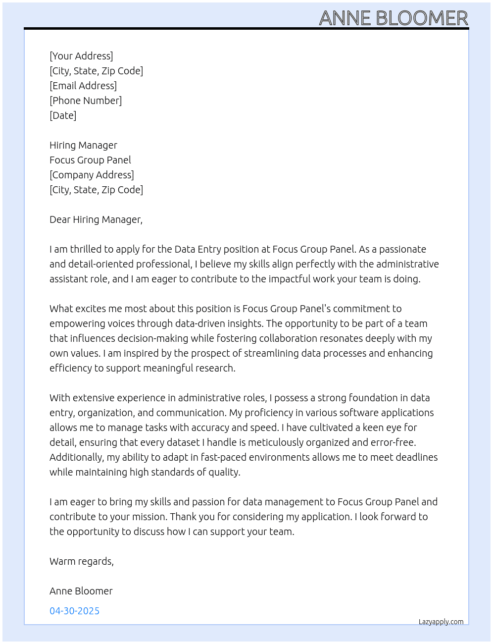 Data Entry At Focus Group Panel Cover Letter