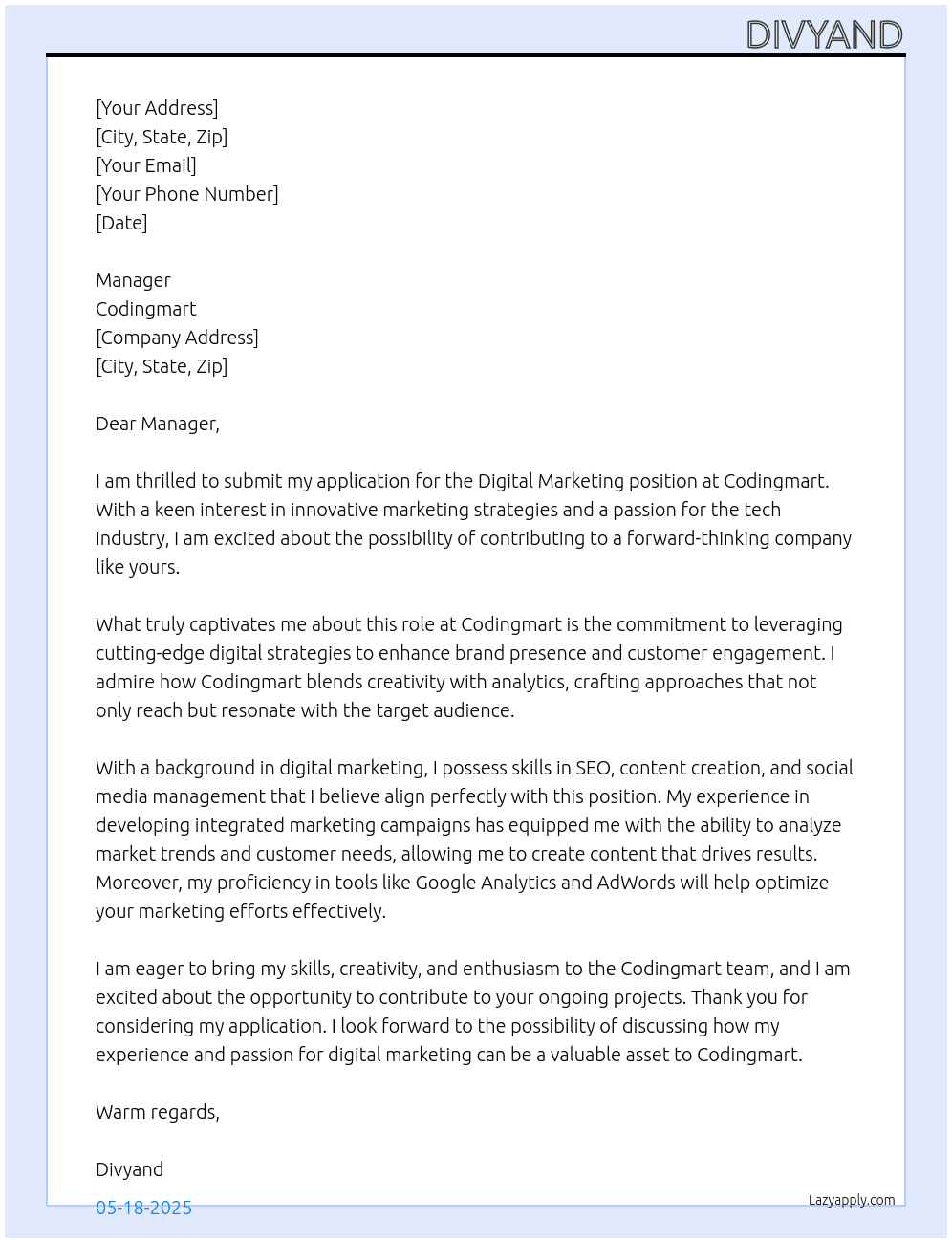 Digital marketing  At Codingmart Cover Letter