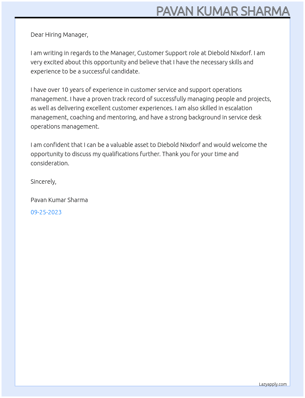 Manager , Customer support At Diebold Nixdorf  Cover Letter