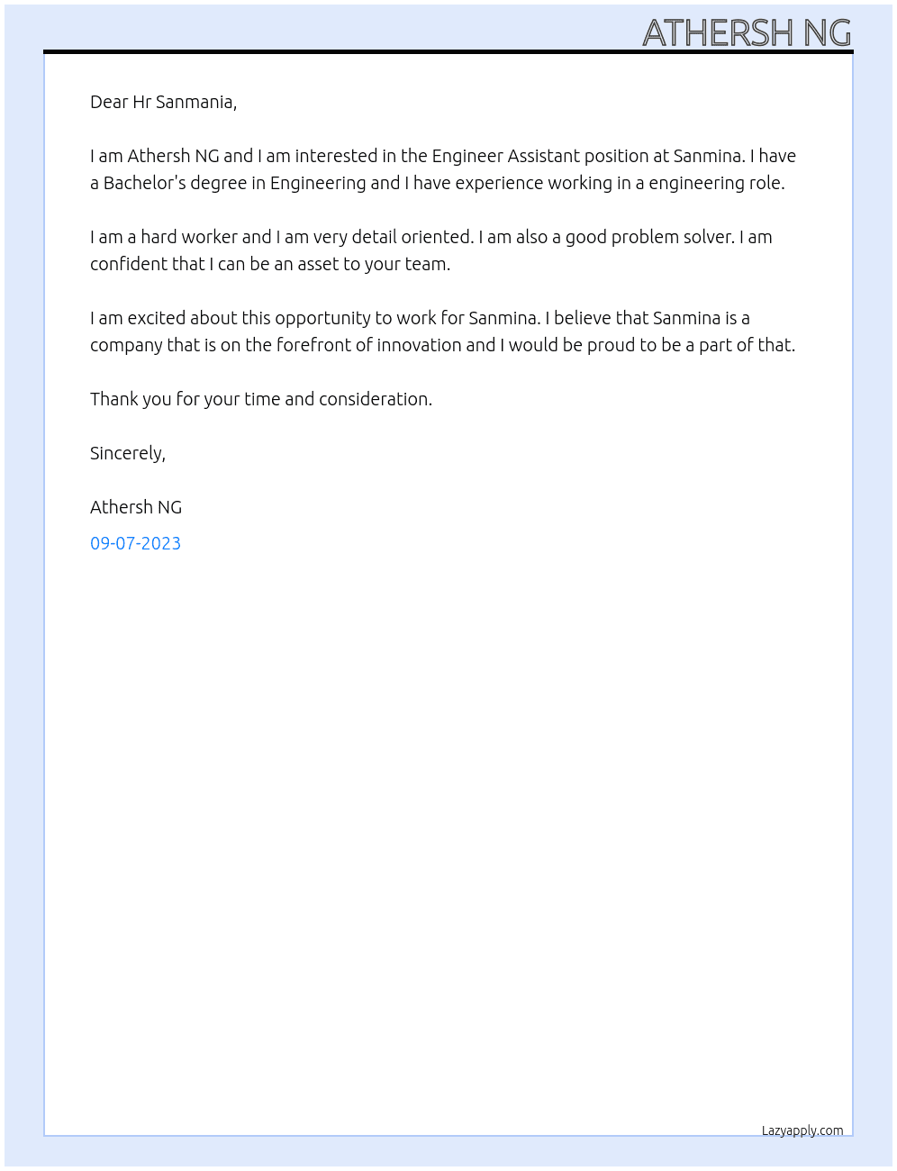 Engineer Assistant At Sanmina Cover Letter