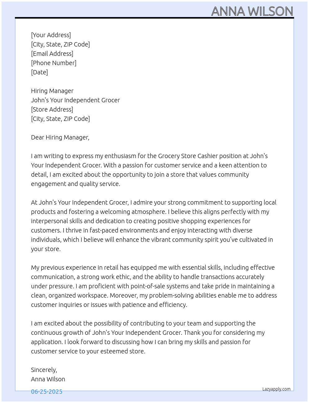 Grocery Store Cashier At John's Your Independent  Grocer Cover Letter