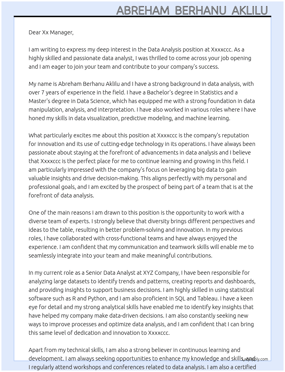 Data Analysis  At Xxxxccc Cover Letter