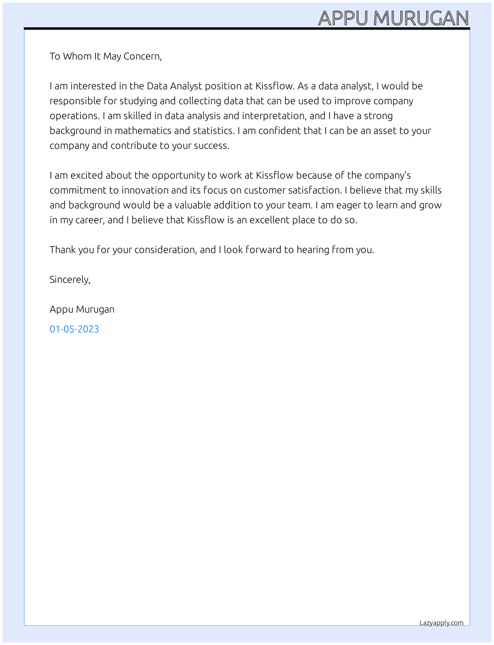 Data Analyst At Kissflow Cover Letter