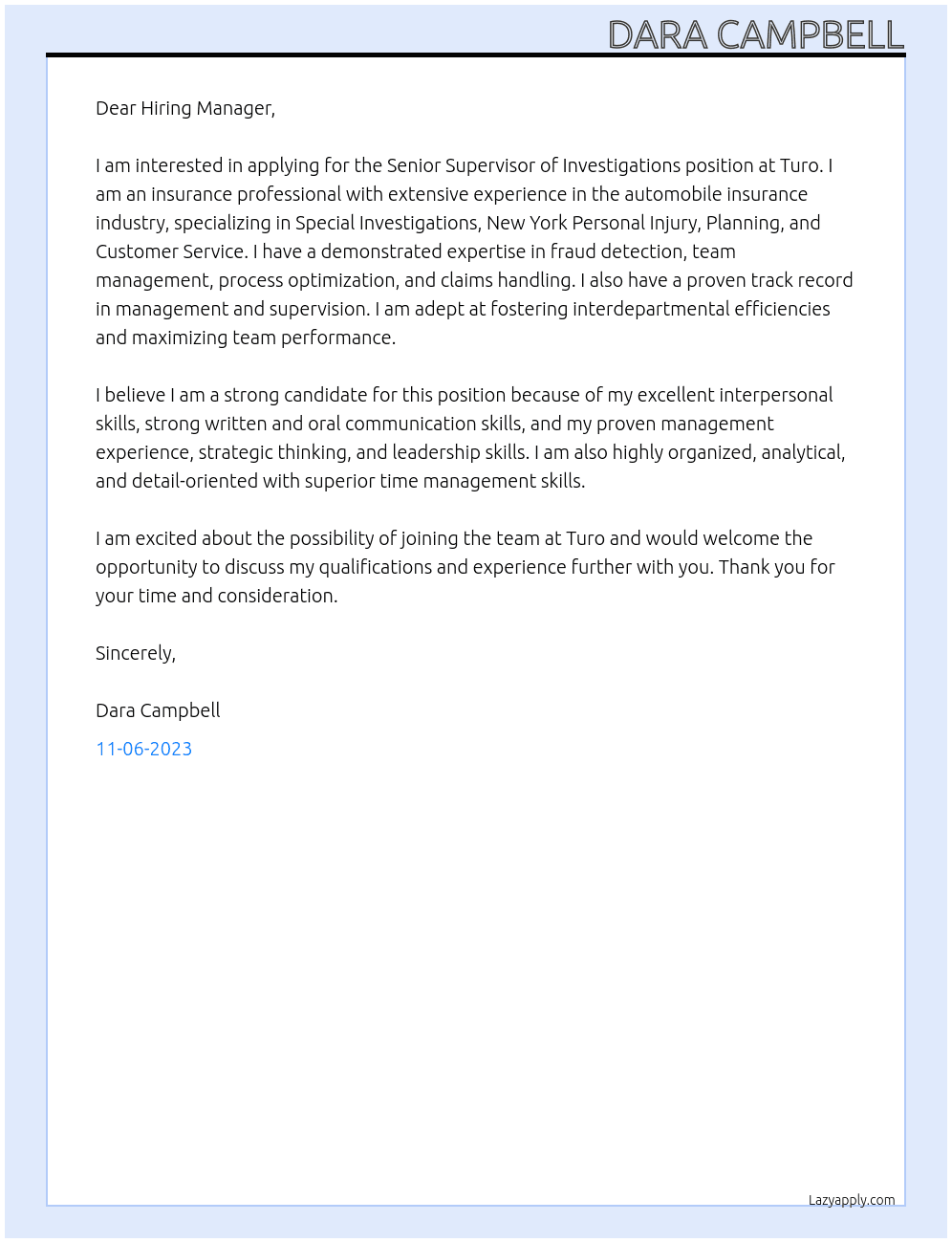 Senior Supervisor of Investigations At Turo Cover Letter