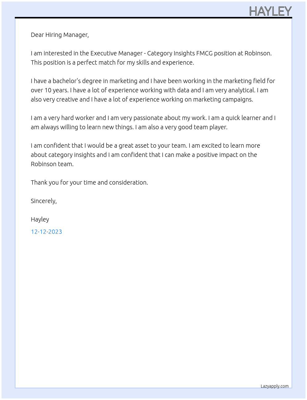 Executive Manager - Category Insights FMCG At Robinson Cover Letter