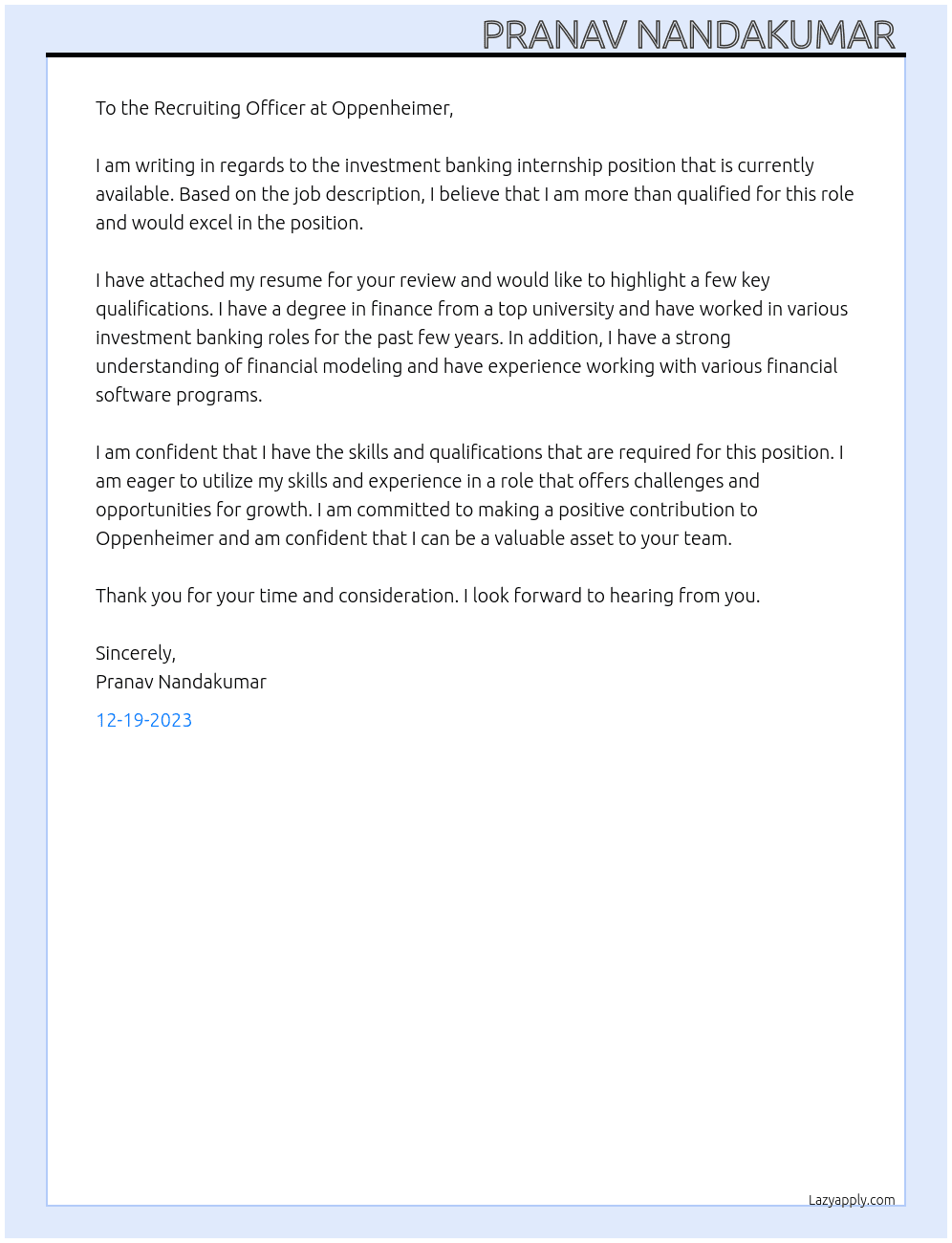 investment banking internship At Oppenheimer Cover Letter