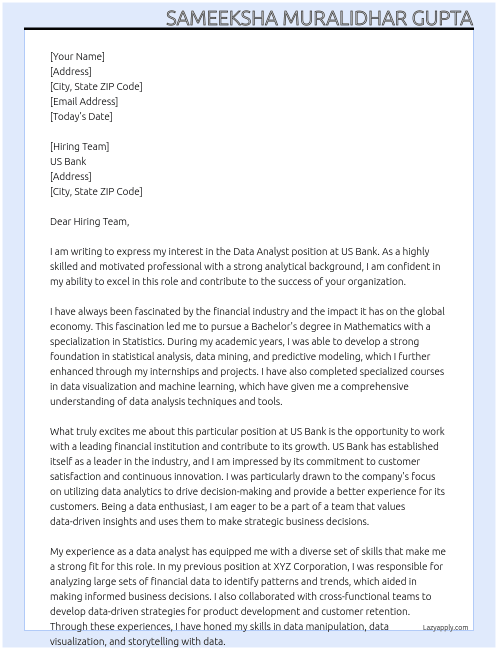Data Analyst At US Bank Cover Letter