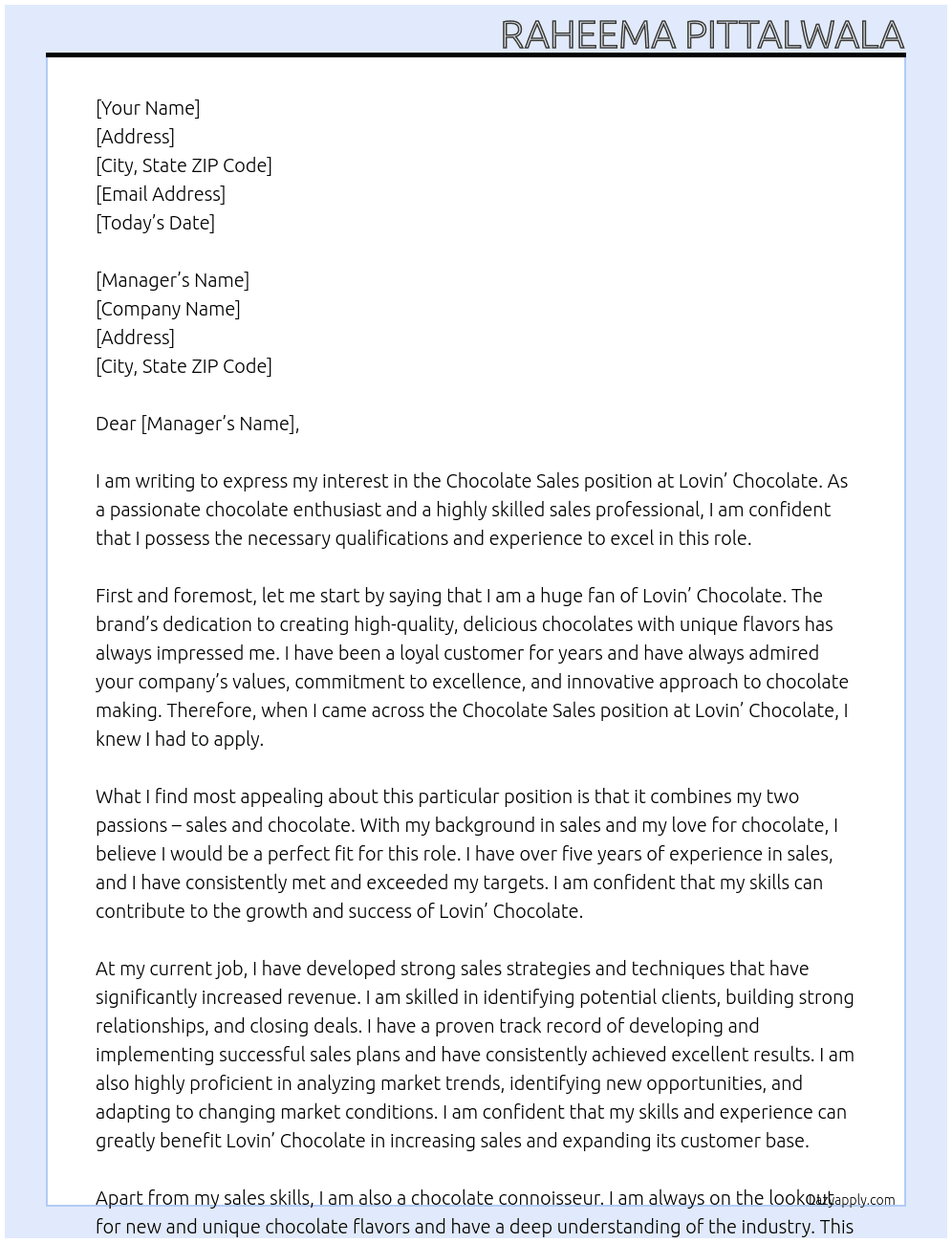 Chocolate sales At Lovin' chocolate  Cover Letter