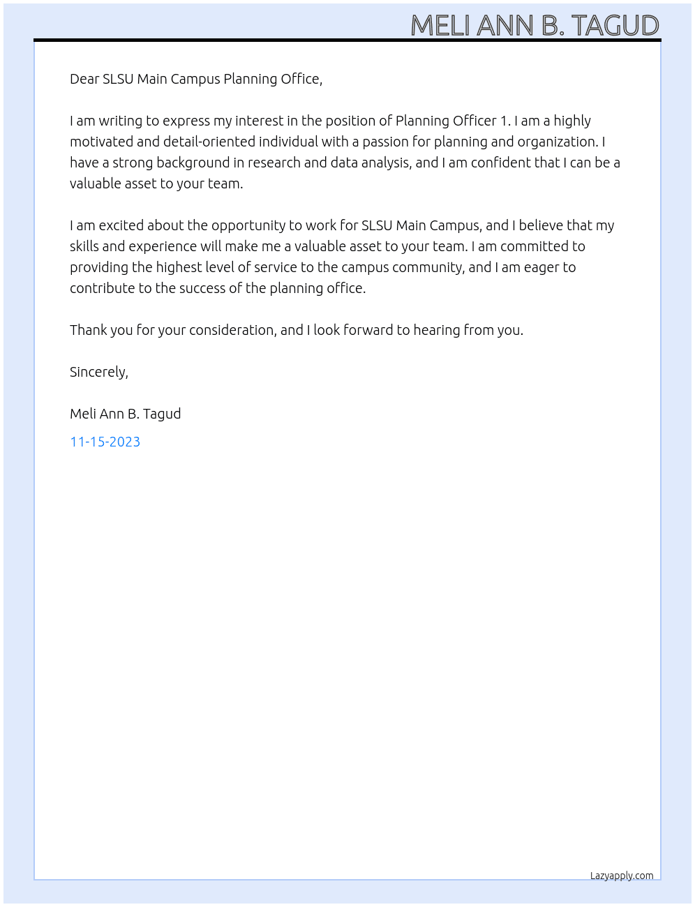 Planning officer 1 At SLSU main campus  Cover Letter