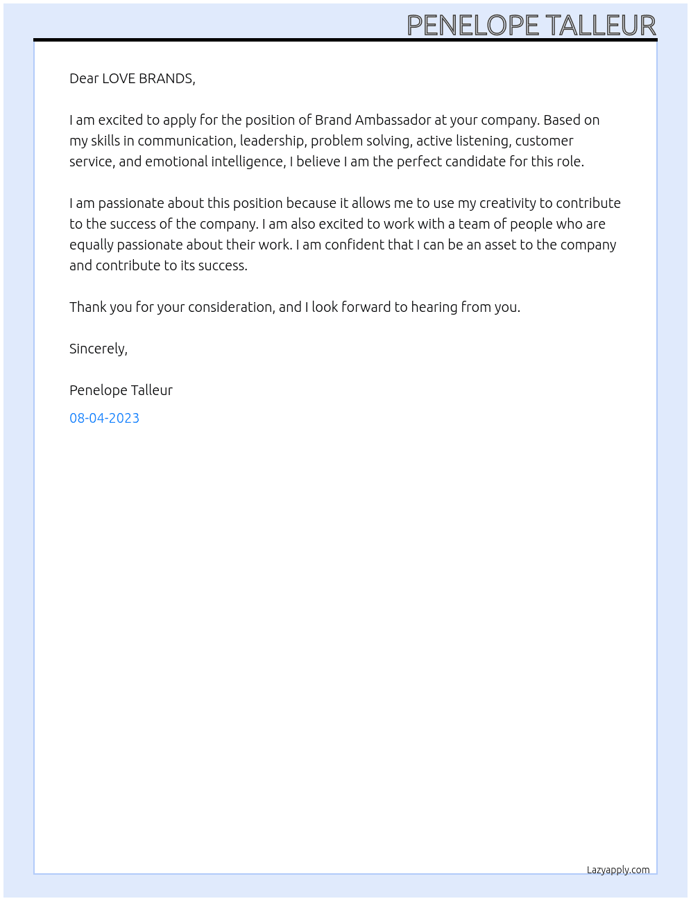 Brand Ambassador At LOVE BRANDS Cover Letter