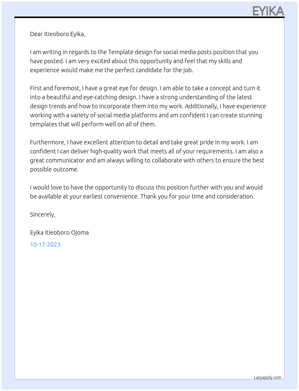 Template design for social media posts  At Itieoboro Eyika Cover Letter