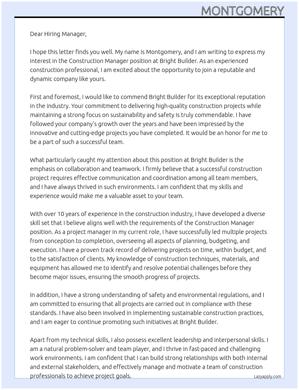 Construction Manager At Bright Builder Cover Letter