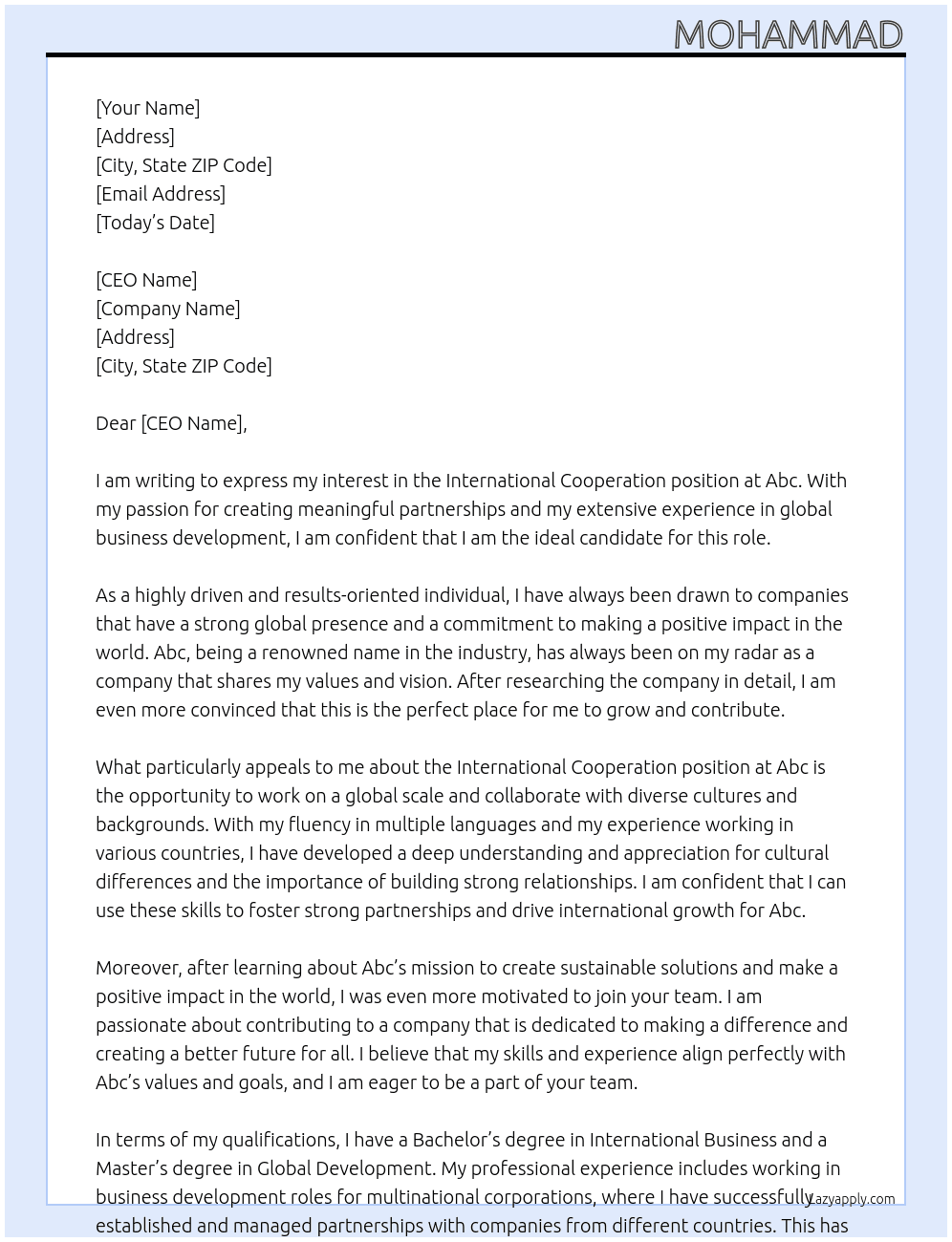 Cover letter for international cooperation - LazyApply