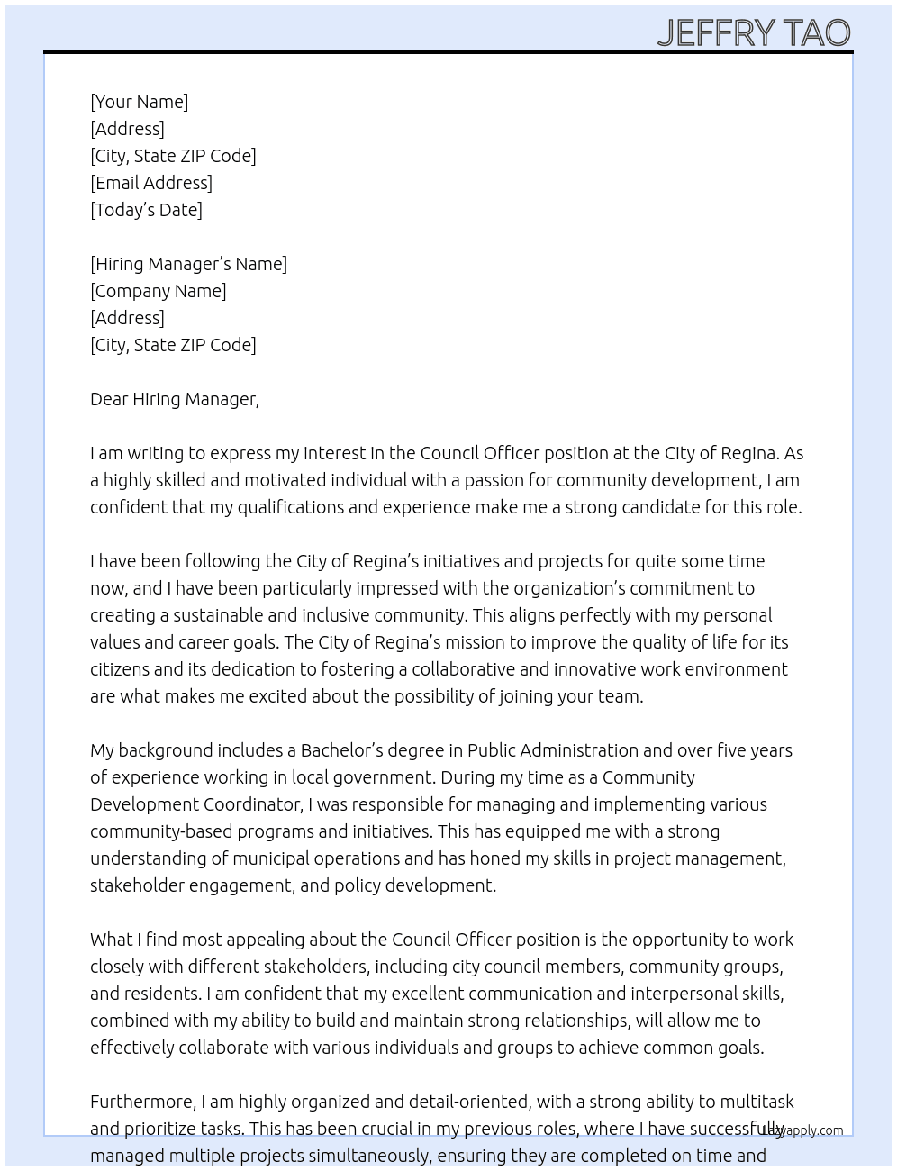  Council Officer At City of Regina Cover Letter