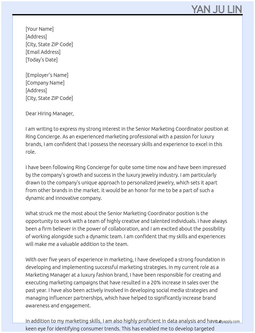 senior marketing coordinator  At Ring Concierge  Cover Letter