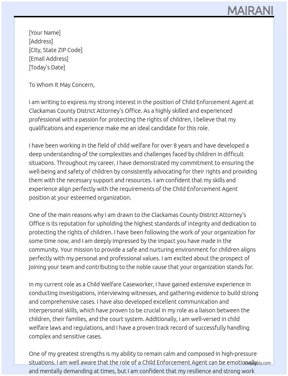 Child enforcement agent  At Clackamas County District Attorney's Office Cover Letter