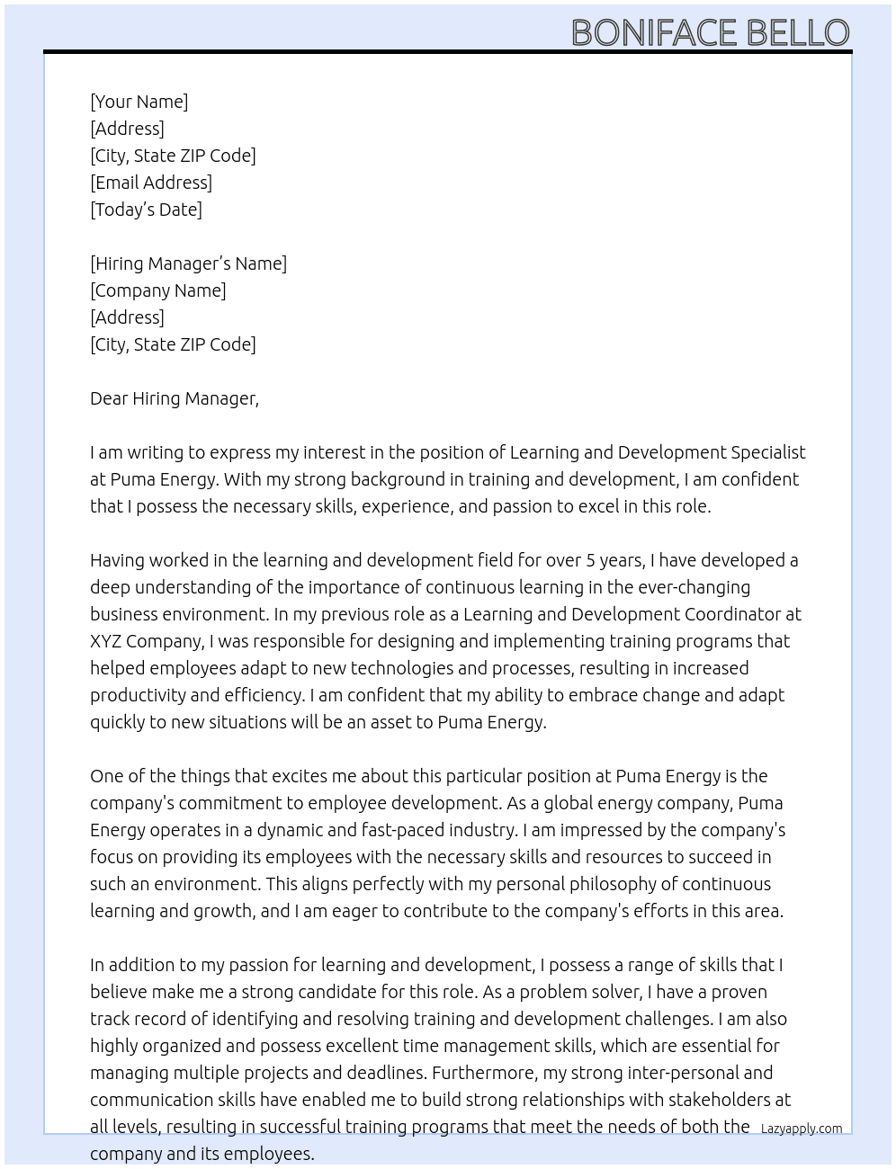 Learning and Development Specialist At Puma Energy Cover Letter