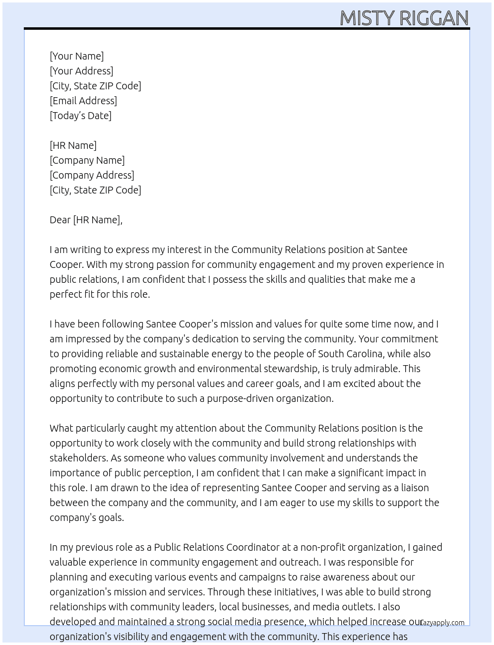 Community Relations  At Santee Cooper Cover Letter