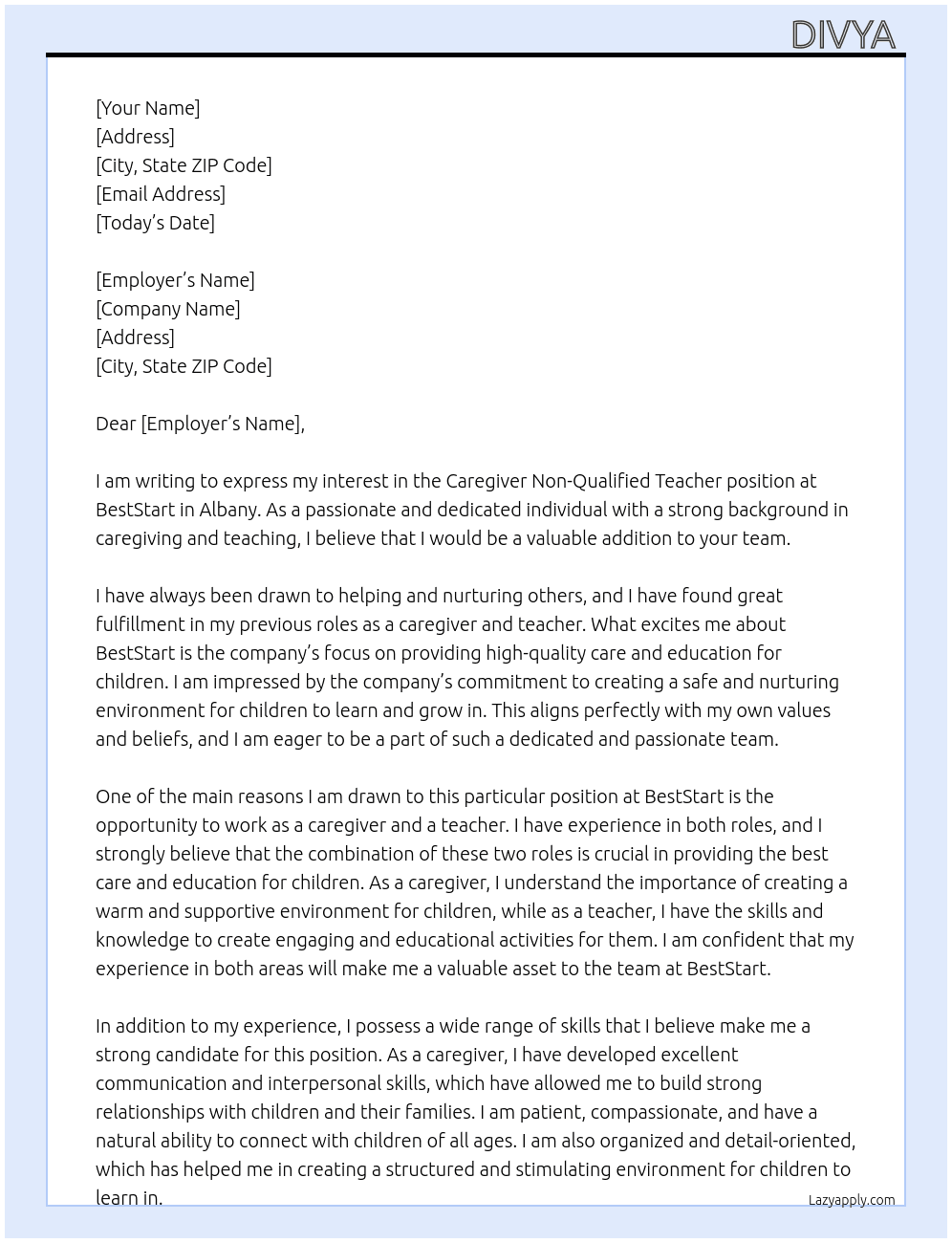 Caregiver non qualified teacher  At beststart Cover Letter