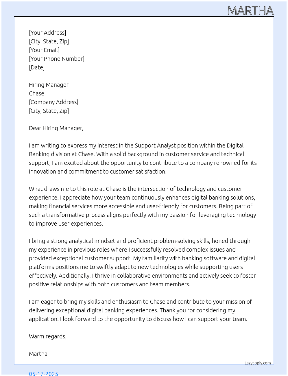 Cover letter for support analyst digital banking - LazyApply