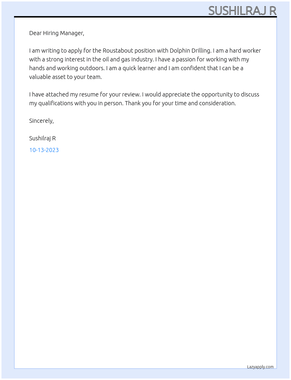 Roustabout At DOLPHIN DRILLING Cover Letter