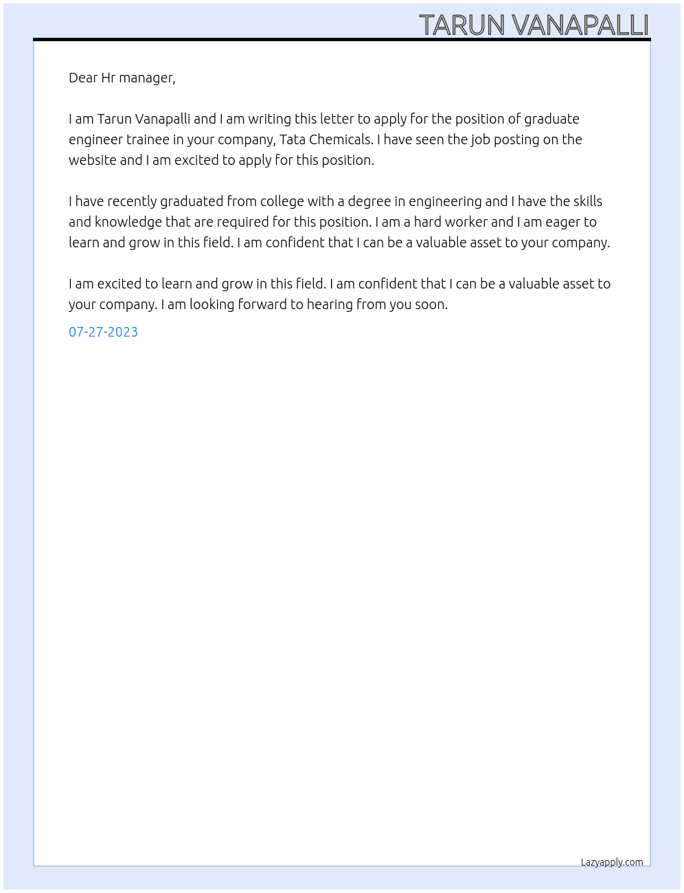 graduate engineer trainee At Tata Chemicals Cover Letter