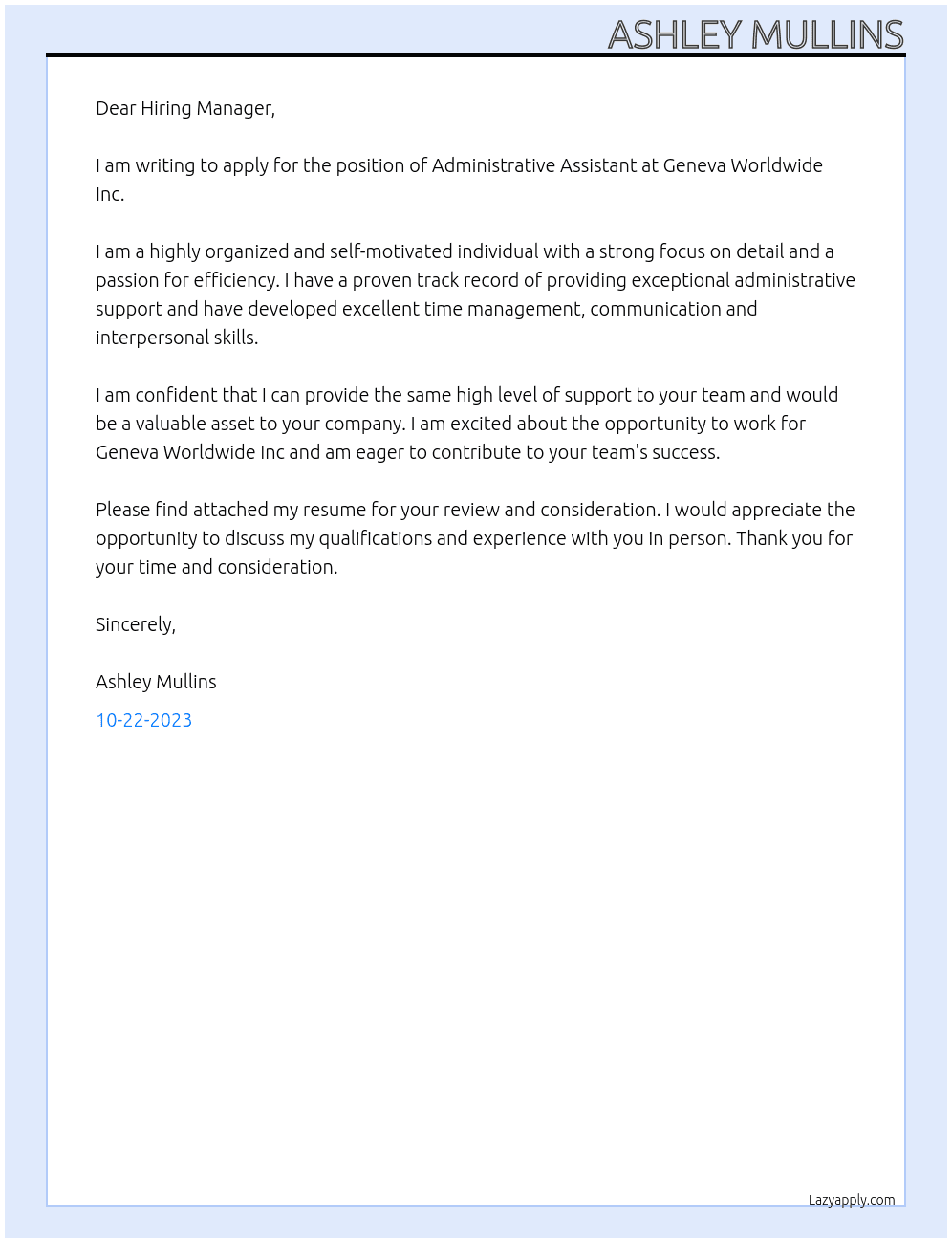 Administrative Assistant At Geneva Worldwide Inc  Cover Letter