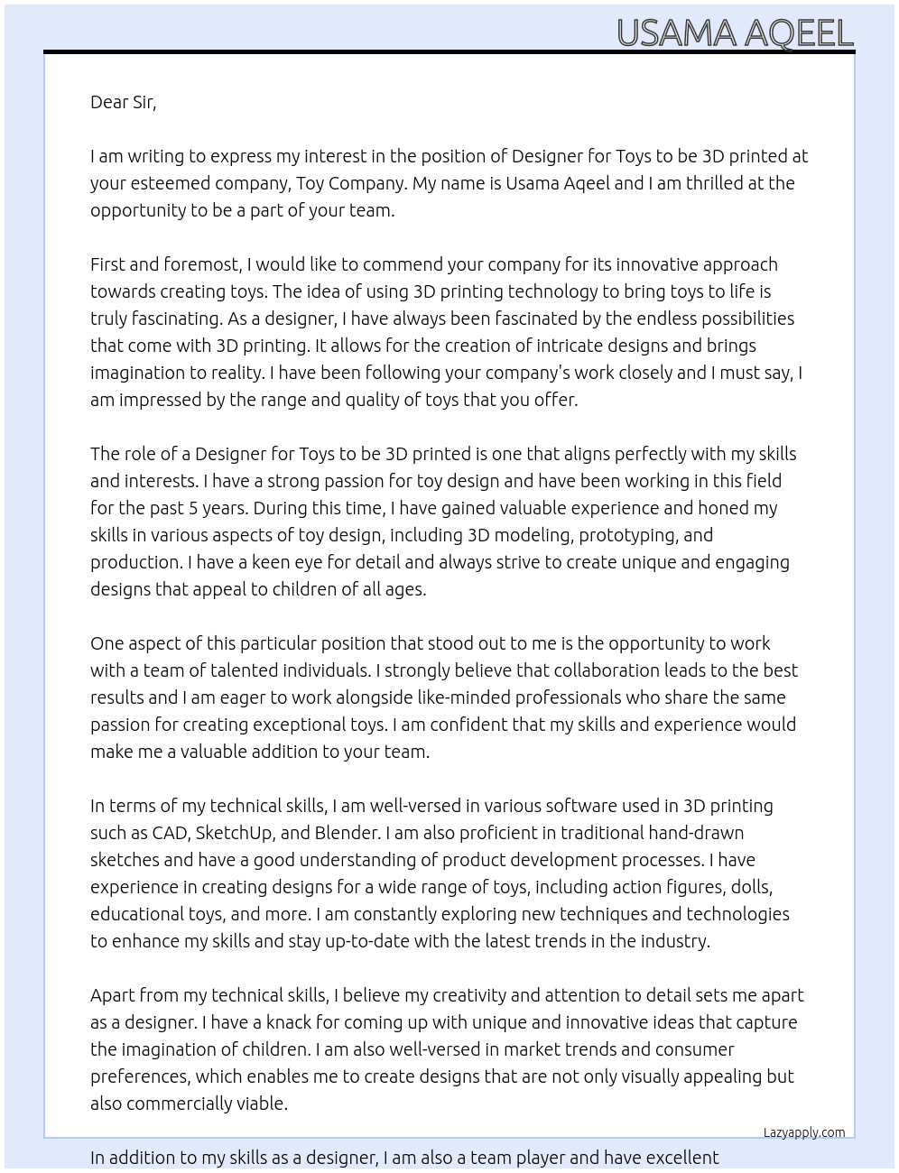 Designer for Toys to be 3D printed. At toy company Cover Letter