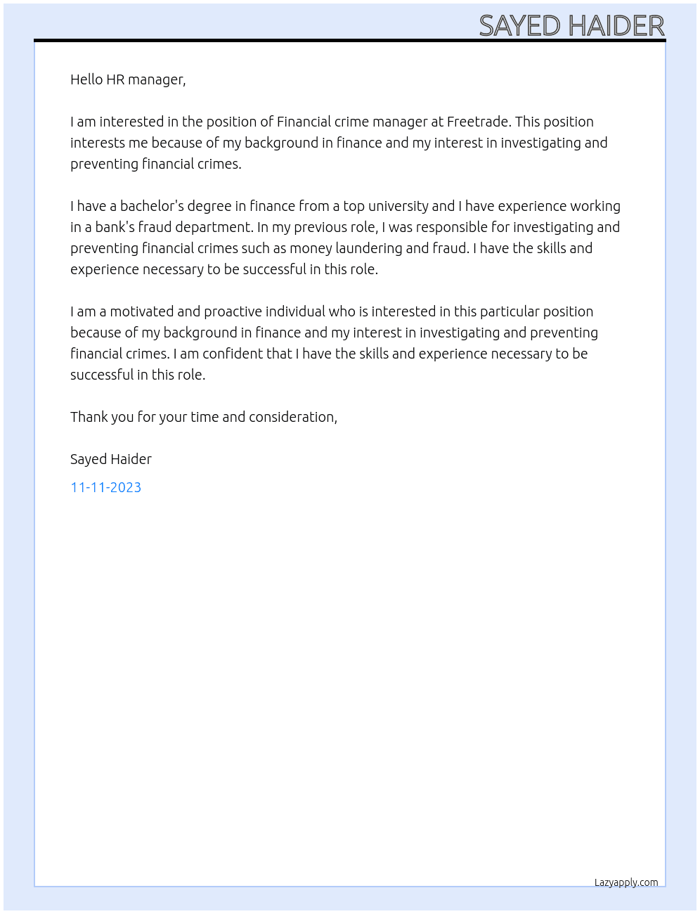 Financial crime manager At Freetrade Cover Letter