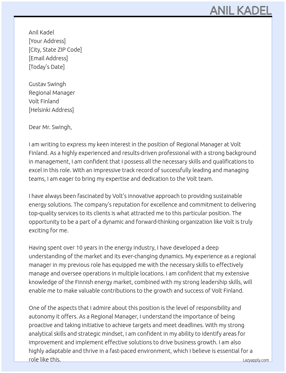 REGIONAL MANAGER VOLT FINLAND At VOLT Cover Letter