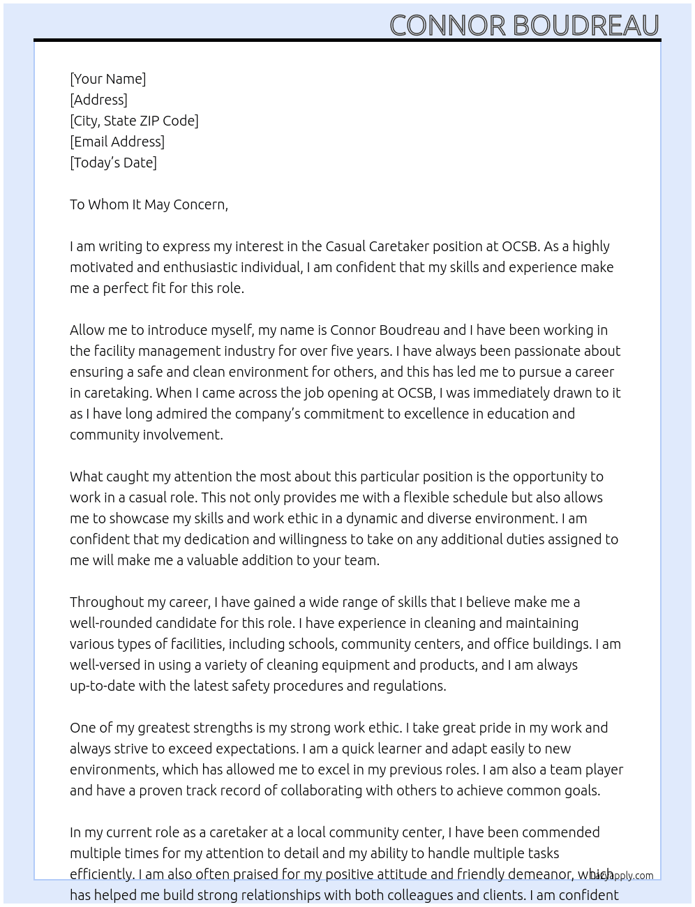 Casual Caretaker At OCSB Cover Letter
