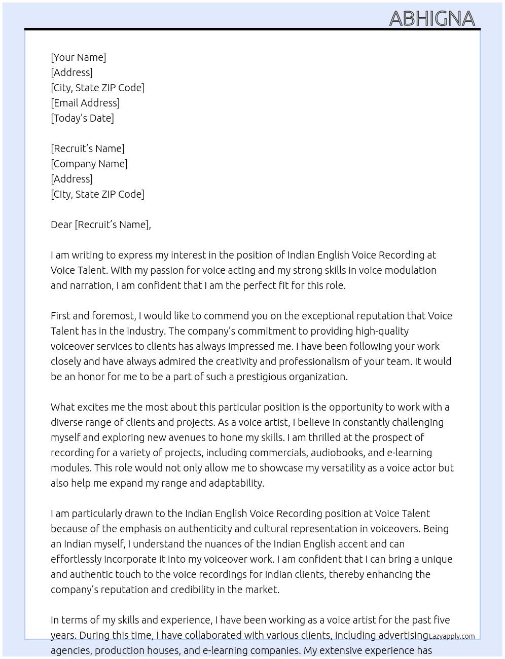 INDIAN ENGLISH VOICE RECORDING  At Voice talent  Cover Letter