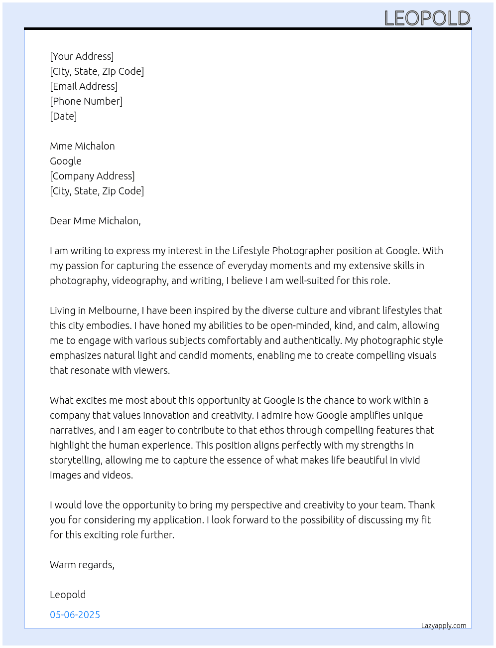 lifestyle photographer At google Cover Letter