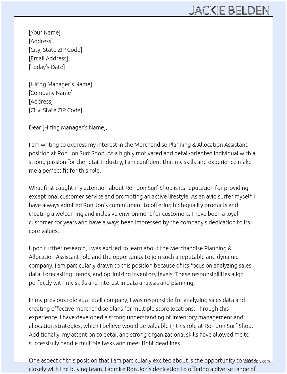 Merchandise Planning & Allocation Assistant At Ron Jon Surf Shop Cover Letter